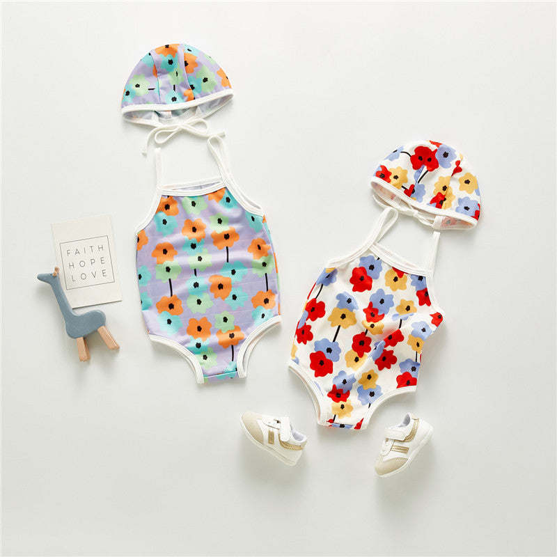 Floral Swim Suit with Cap - Little Giggles Galore