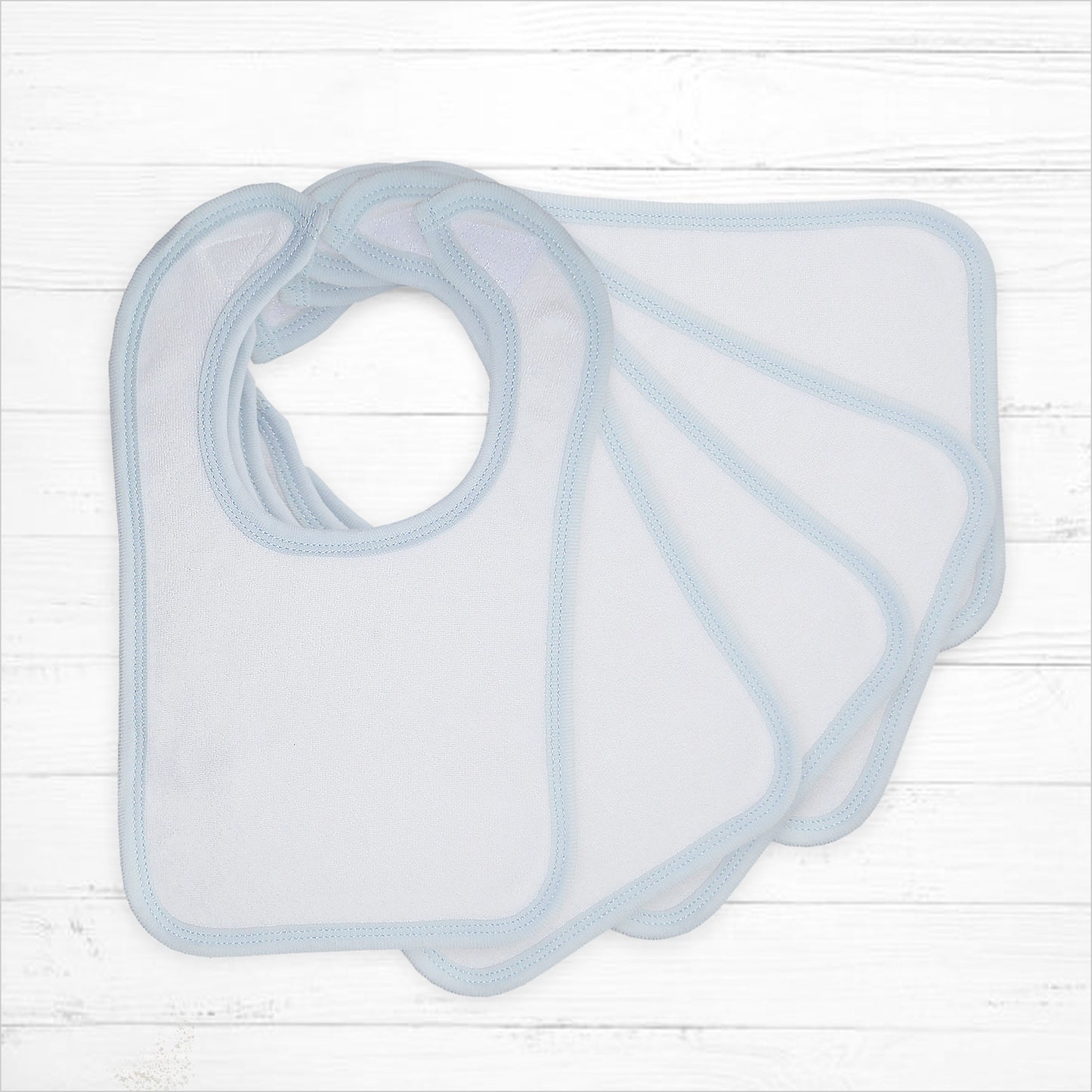 5 pack of white and blue bibs